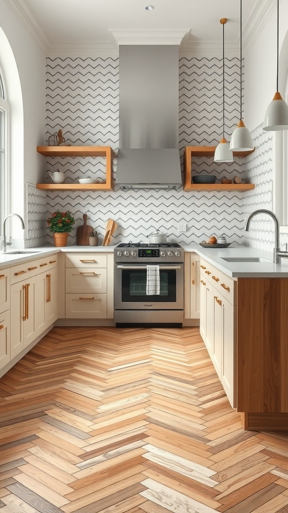 A modern kitchen featuring a herringbone tile pattern on the walls and linear wood flooring, showcasing warm hues and a stylish design.