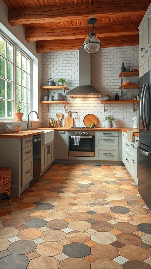 A rustic kitchen featuring hexagonal tiles in warm tones, wooden accents, and modern appliances.