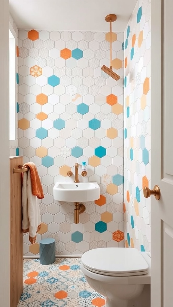 A modern bathroom featuring colorful hexagonal tiles on the walls and floor, with a shower, toilet, and sink.