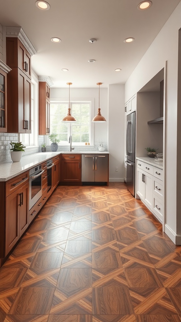 A luxury kitchen featuring patterned wood flooring with warm tones, modern cabinetry, and pendant lighting.