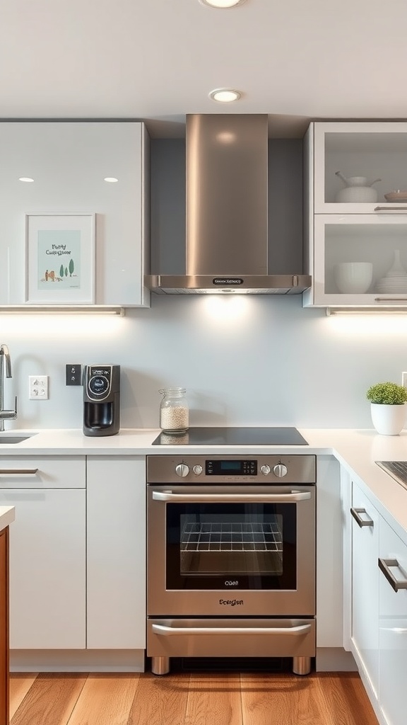 A modern luxury kitchen featuring a stainless steel oven, stylish coffee maker, and sleek cabinetry.