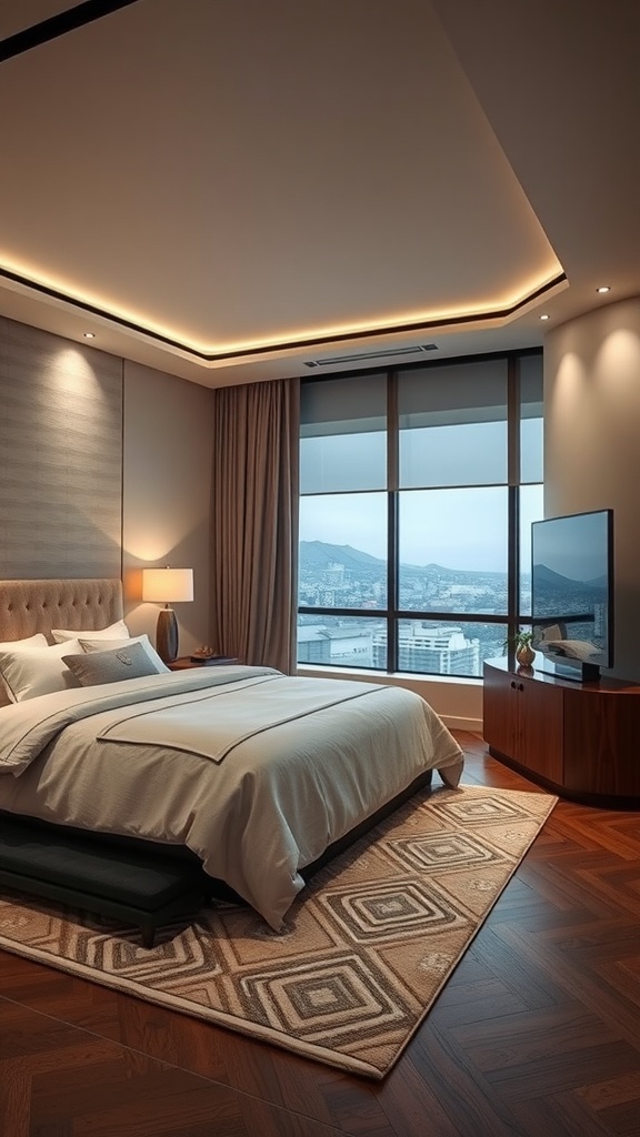 A stunning modern luxury bedroom featuring large windows, plush bedding, and elegant lighting