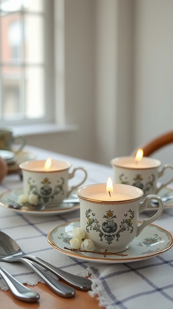 Three teacups with candles, glowing softly on a table, surrounded by utensils.