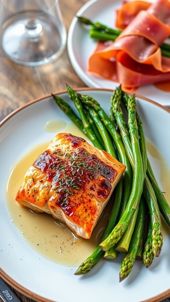 Plate of honey-glazed salmon with asparagus on a wooden table