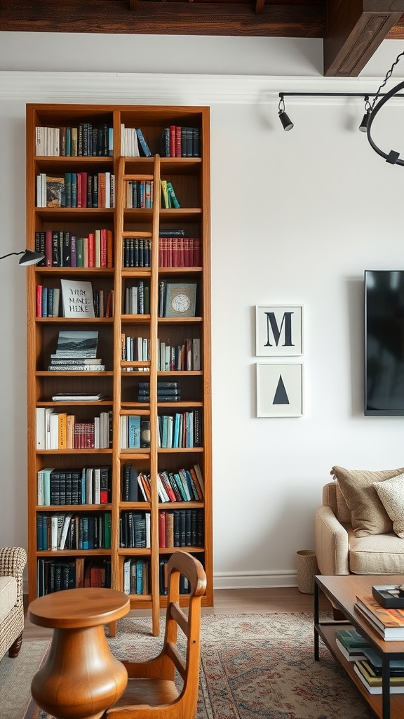 A wooden ladder leaning against a full bookshelf in a stylish living room.