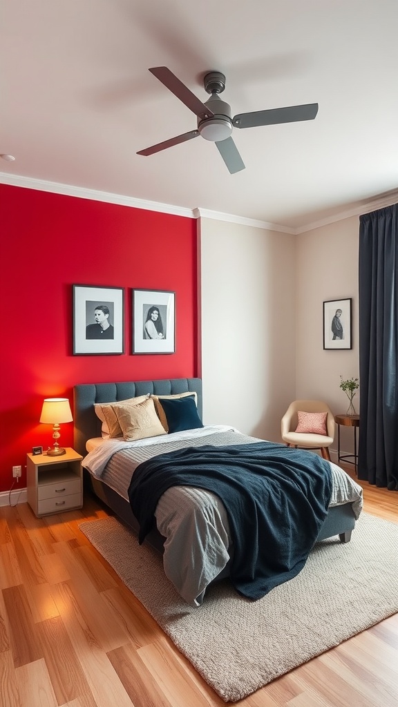 A cozy bedroom featuring a red accent wall, stylish bed, and warm decor