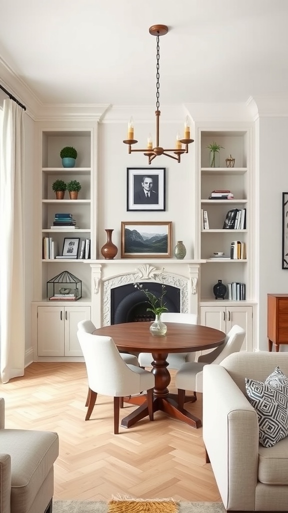 A cozy living room dining room combo featuring built-in shelves, a round wooden table, and a warm decor setup.