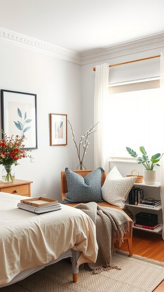 Cozy corner seating in a small bedroom with a chair, cushions, and plants