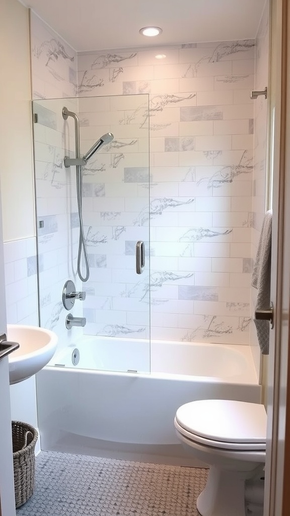 A small full bathroom featuring a combined shower and bathtub with a glass enclosure, a modern sink, and a cozy rug.