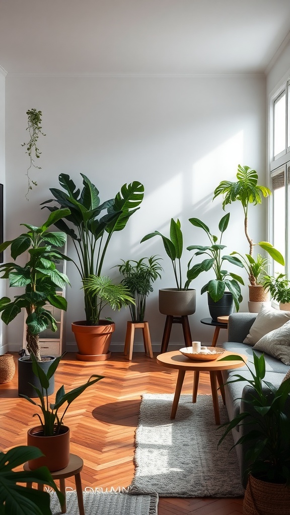 Living room with various indoor plants, showcasing a cozy and fresh atmosphere.