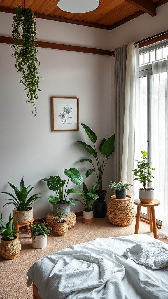 A stylish Japandi bedroom featuring various indoor plants, a cozy bed, and a bright window.