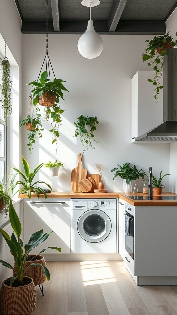 A minimalist kitchen with various indoor plants, including hanging planters and potted plants, creating a fresh and inviting space.