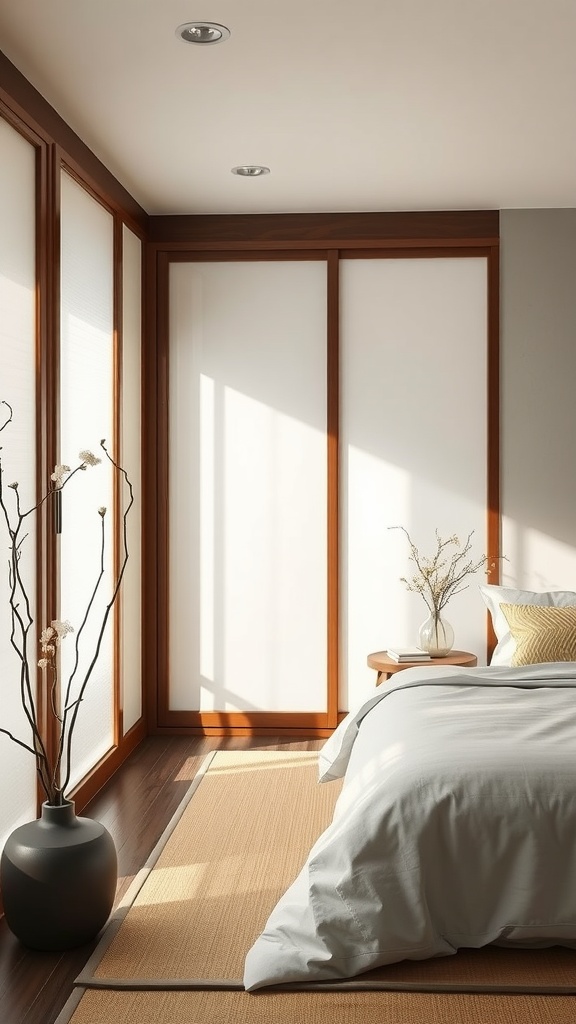 A minimalist bedroom featuring large windows with wooden frames, a low bed, and natural decor elements.