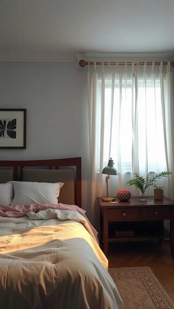 Cozy bedroom with layered lighting, featuring a bed, a bedside table with a lamp, and a window covered with sheer curtains.