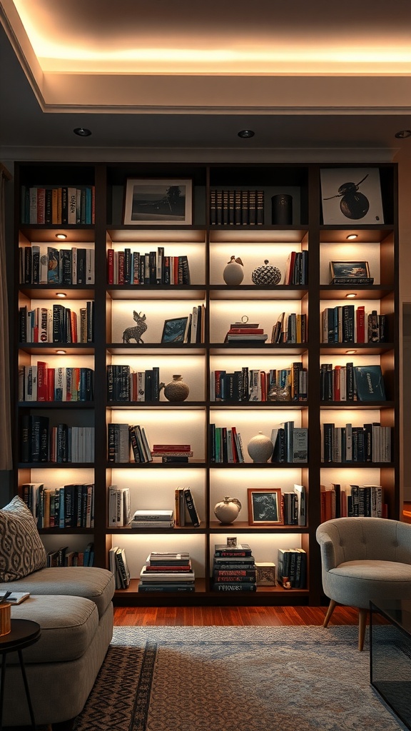 A stylish living room bookshelf with integrated lighting, showcasing books and decorative items.