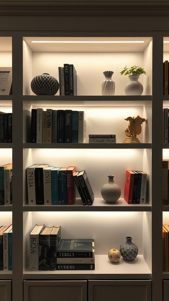 A well-lit bookshelf showcasing various books and decorative items, highlighting the importance of incorporating lighting into bookshelves.