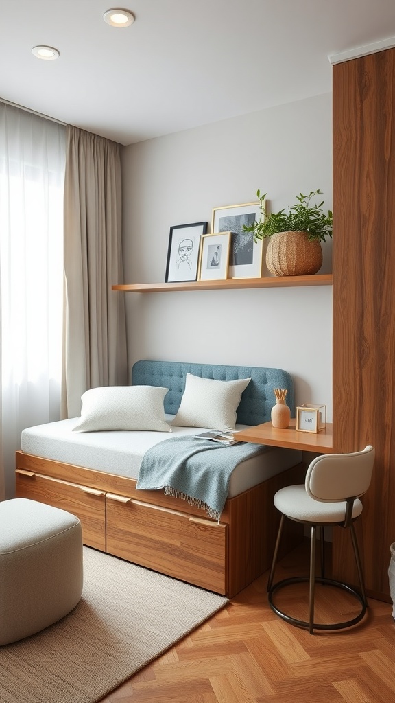 Cozy bedroom with a multifunctional daybed and workspace