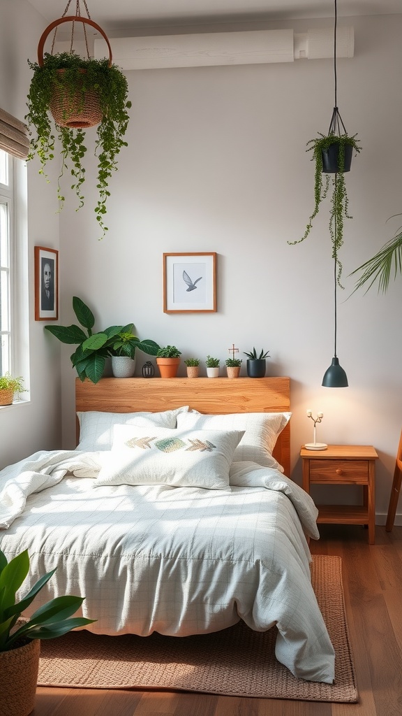 A cozy small bedroom featuring a wooden bed frame, neutral bedding, and hanging plants.