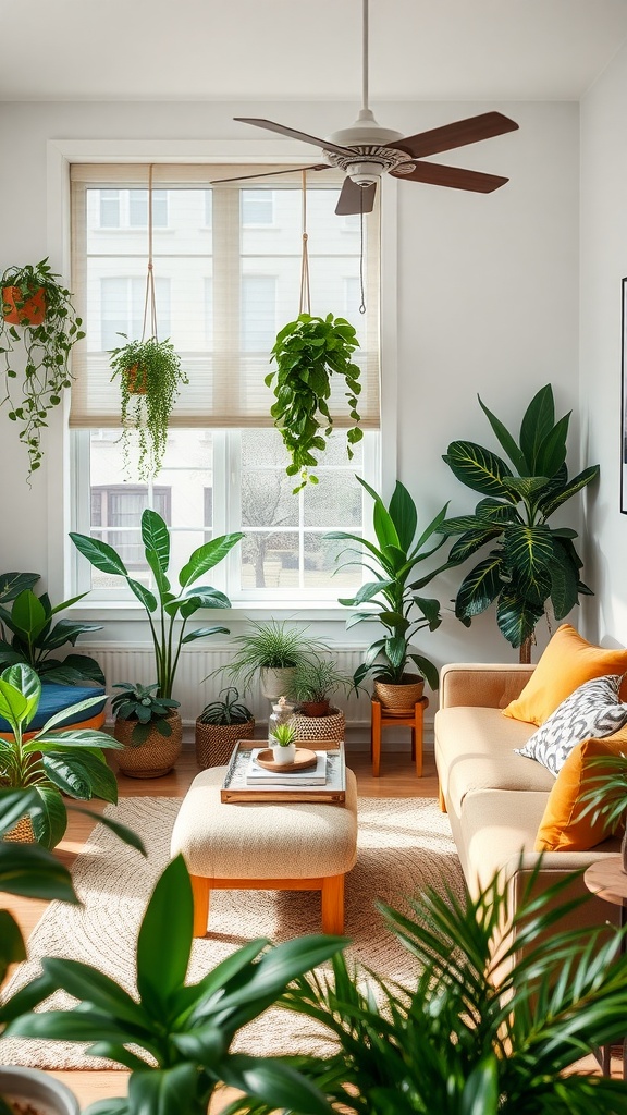 A cozy living room featuring various indoor plants, a comfortable sofa, and a wooden coffee table.