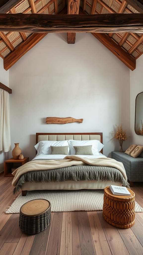 A cozy rustic bedroom featuring wooden beams, soft bedding, and natural decor