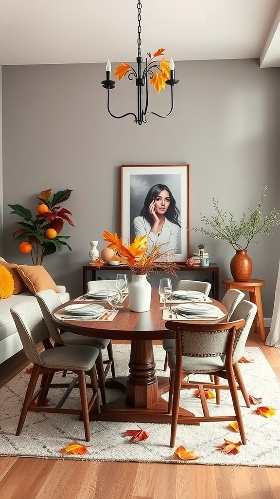 A cozy living room dining room combo decorated for autumn with a round table set for dinner, warm colors, and seasonal elements.