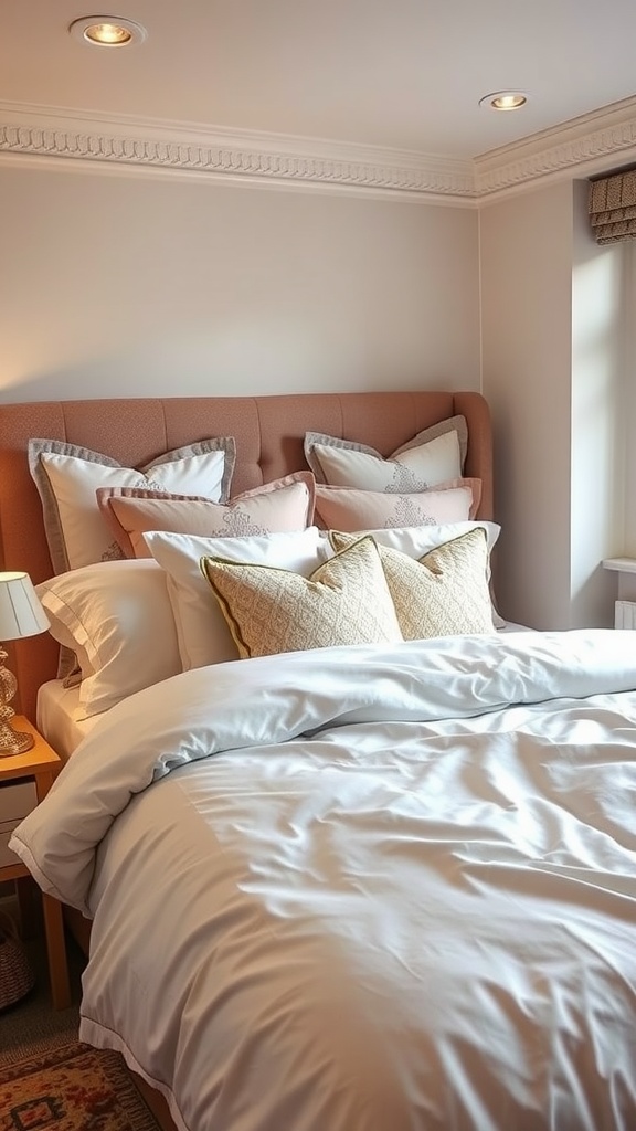 A cozy bedroom with soft, light-colored bedding and decorative pillows.