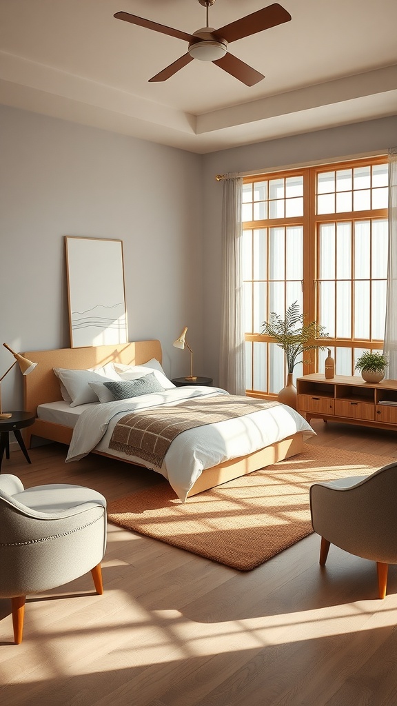 A cozy Japandi bedroom featuring soft curved furniture, bright light from large windows, and warm wooden tones