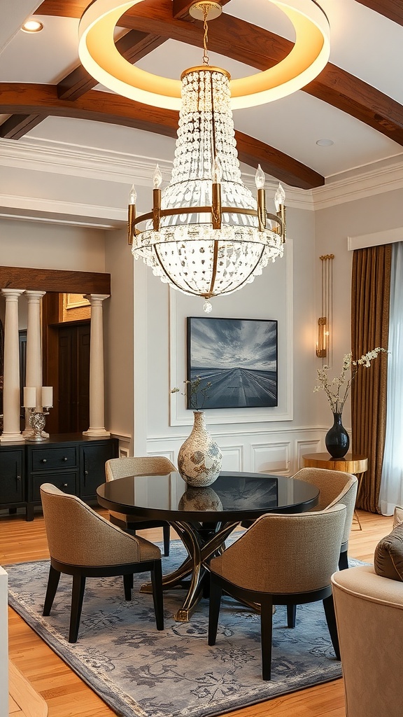 A stylish living room and dining room combo featuring a large chandelier, modern furniture, and an open layout.