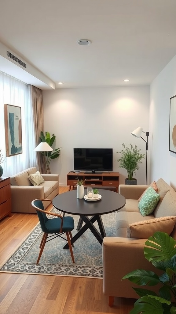 A small living room and dining area with a modern design, featuring a TV, comfortable seating, and plants.