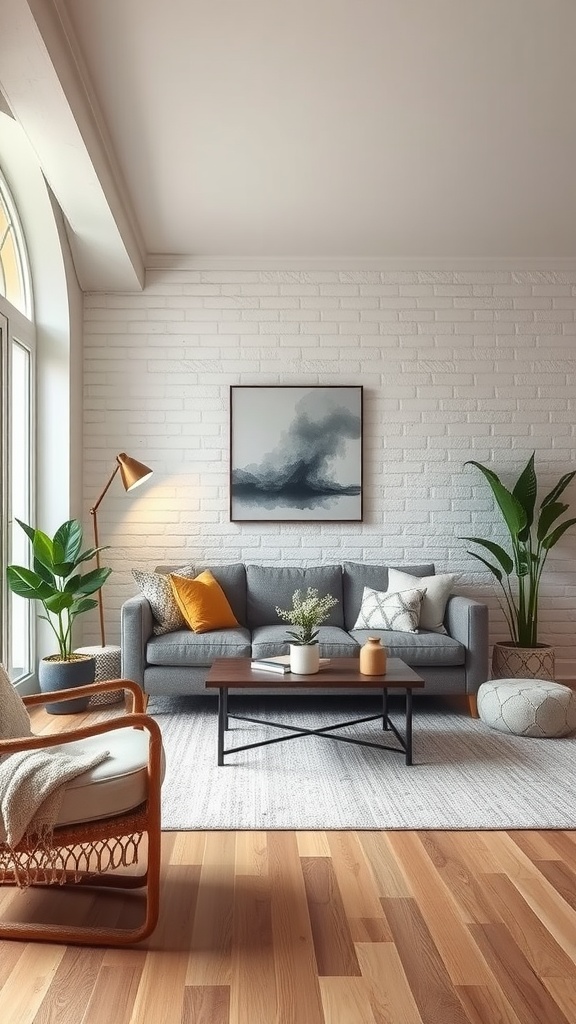 A cozy living room featuring a textured brick wall, a gray couch with colorful pillows, plants, and a coffee table.