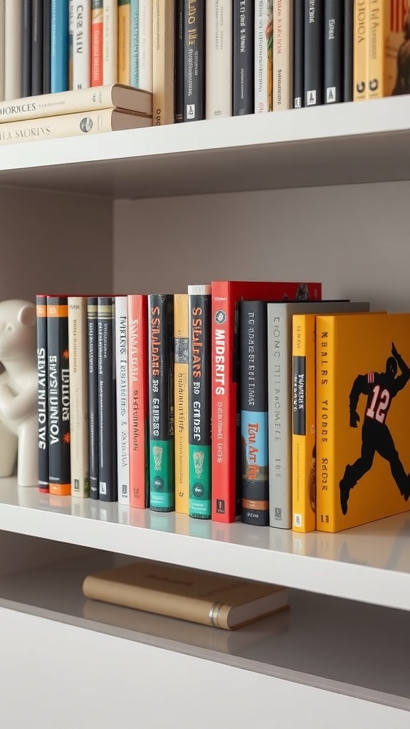 Bookshelf with colorful books and unique elephant-shaped bookend.