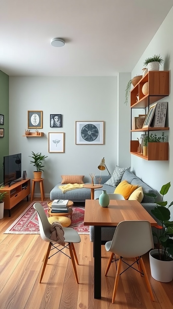 Small living room and dining room combo with vertical shelves, plants, and framed artwork