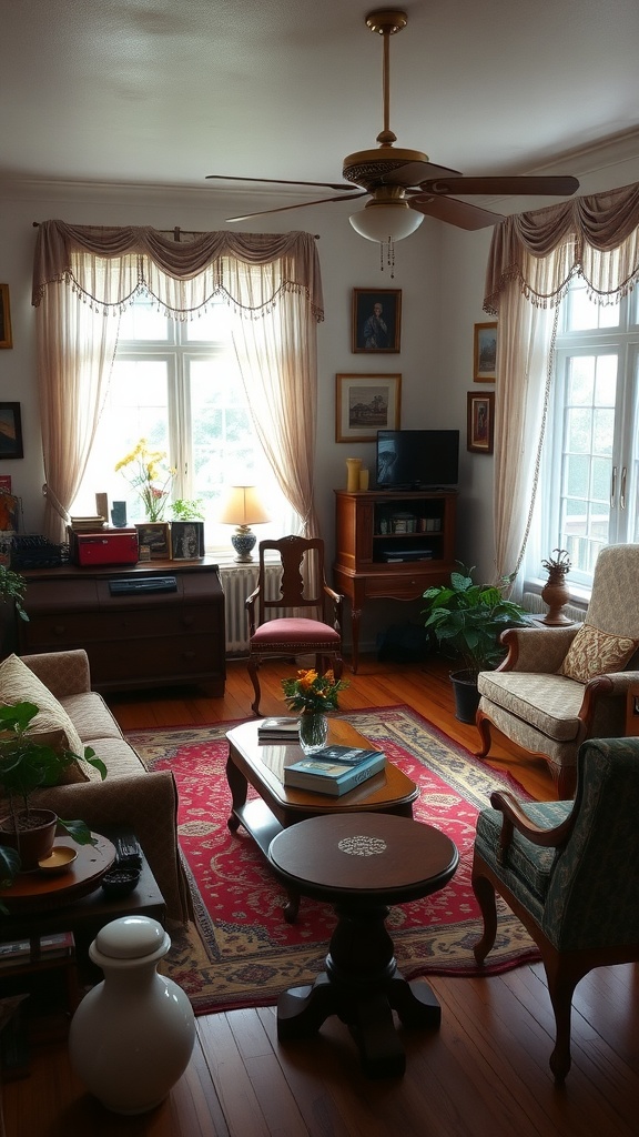 Cozy living room featuring vintage furniture and decor
