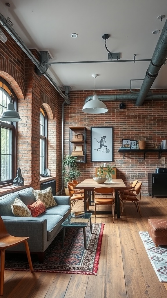 An industrial chic living and dining room combo featuring exposed brick walls, a gray sofa, a wooden dining table, and large windows.