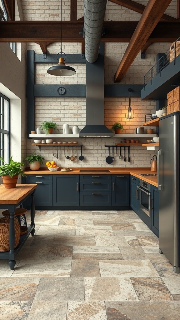 Stunning kitchen featuring industrial style porcelain tiles with dark cabinetry and wooden accents