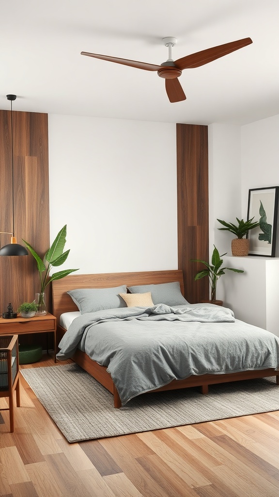 A modern luxury bedroom with wooden elements, gray bedding, and houseplants.