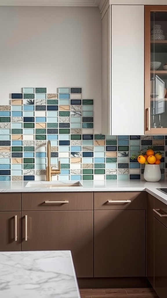 A modern kitchen featuring a colorful tile backsplash with shades of blue and green, paired with wooden cabinetry.