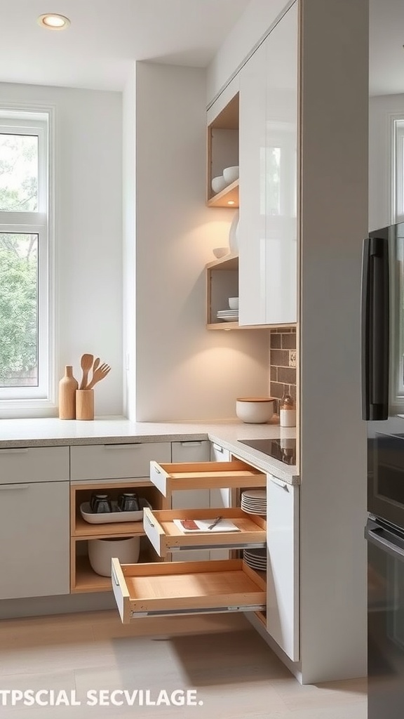 Modern luxury kitchen with innovative storage solutions including open shelves and pull-out drawers.