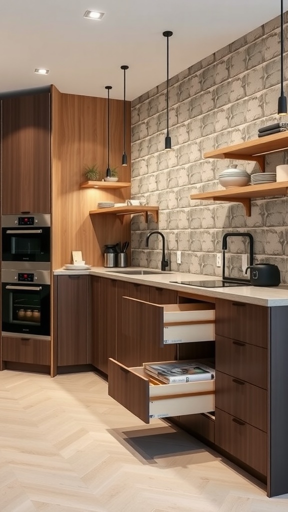 Modern luxury kitchen with innovative storage solutions including open shelves and pull-out drawers.