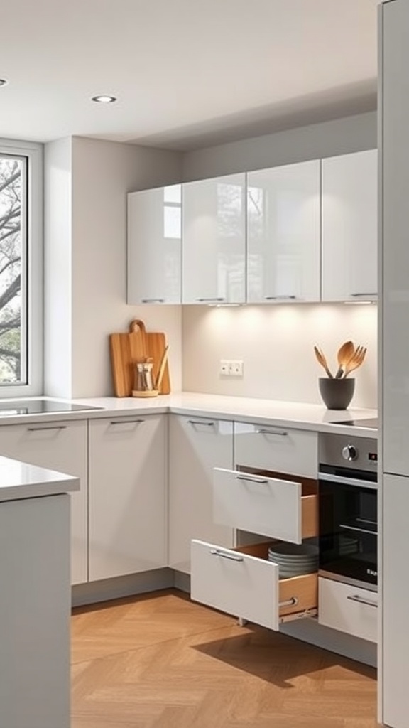 Minimalist kitchen with white cabinets and organized storage drawers