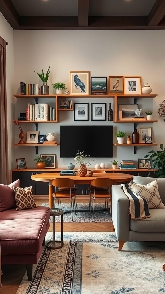 A stylish living room dining room combo featuring wall-mounted shelves with books and art, a circular dining table, and cozy seating.