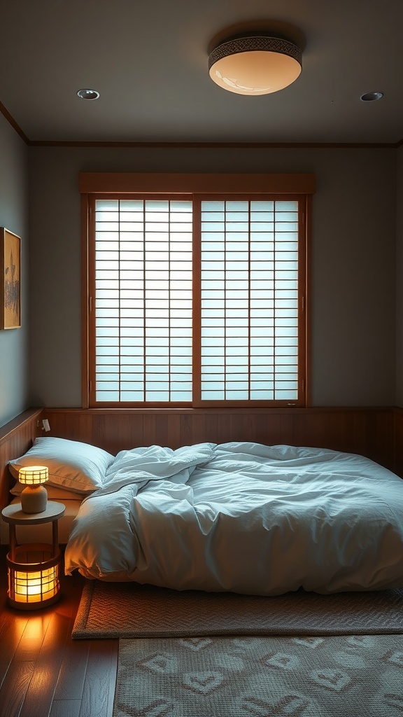 A cozy Japandi bedroom with soft bedding, wooden accents, and warm lighting, promoting a calming atmosphere.