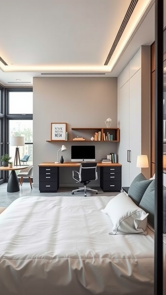 Modern luxury bedroom with integrated home office space featuring a desk, computer, and cozy bed.