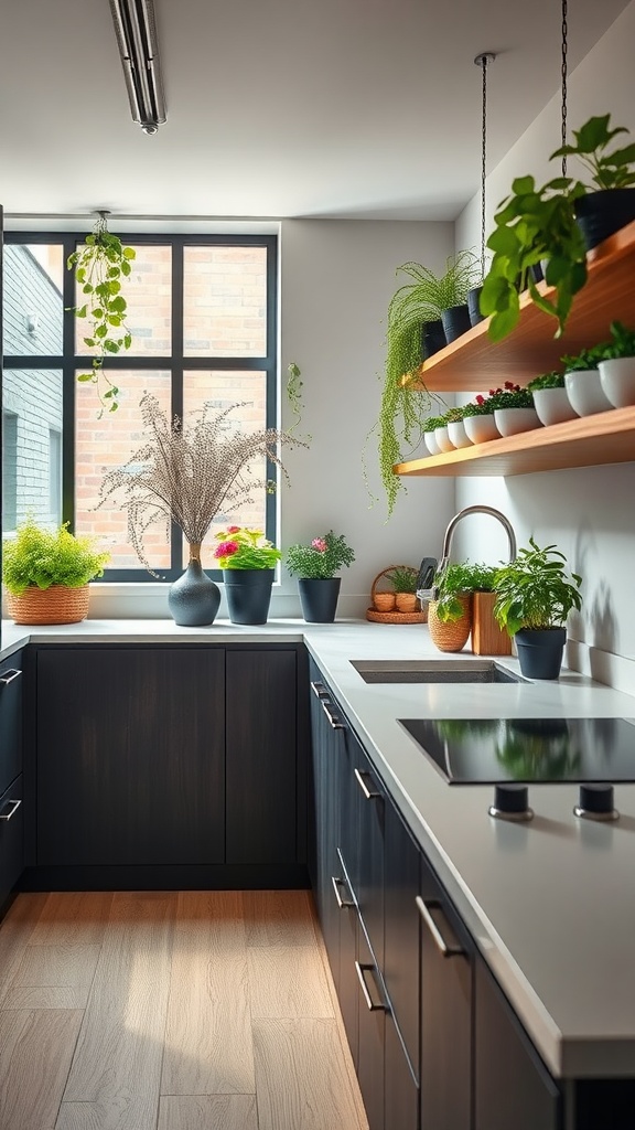 A modern kitchen with integrated indoor garden featuring various plants on shelves and window sill.