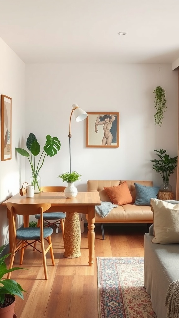 A small living room and dining area featuring a wooden table, cozy couch, and indoor plants.