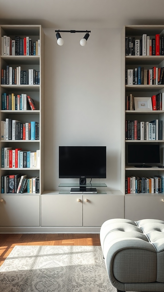 Modern living room bookshelf with integrated TV unit and stylish lighting.