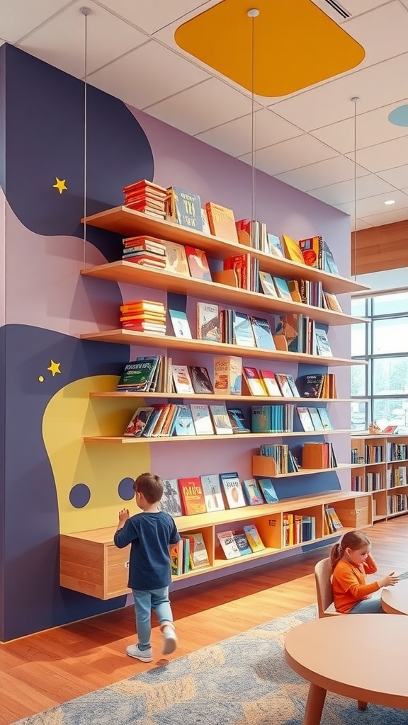 A cozy reading nook with interactive floating bookshelves, featuring children sitting on round cushions, enjoying books.