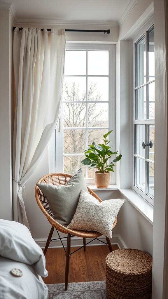 A cozy reading nook by the window featuring a comfortable chair, pillows, and a plant.