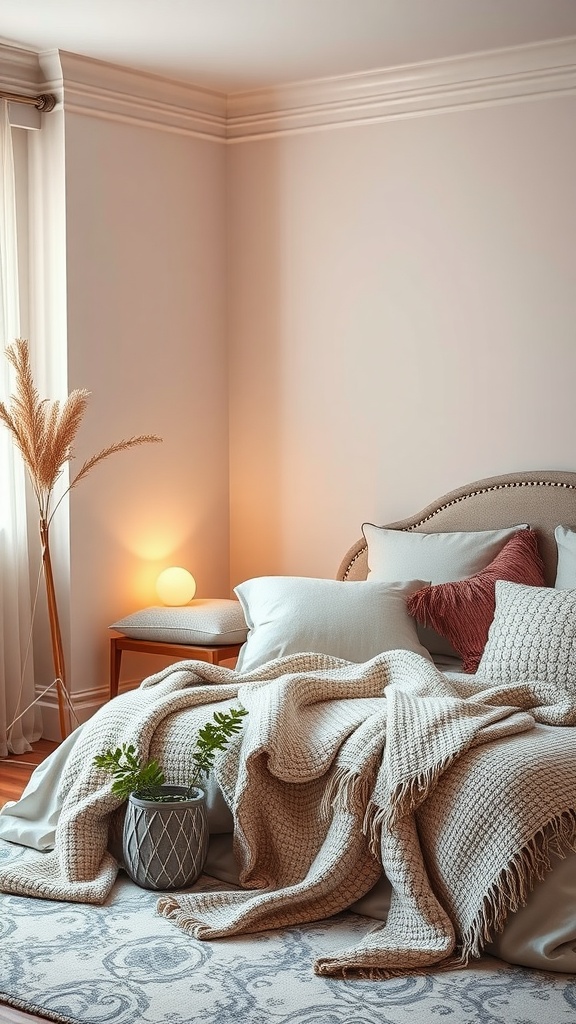 Cozy bedroom seating area with plush cushions and warm lighting