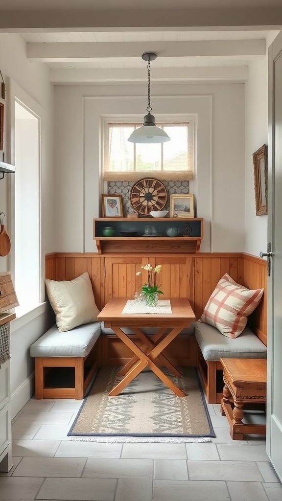 Cozy dining nook with wooden furniture and soft cushions in a charming kitchen